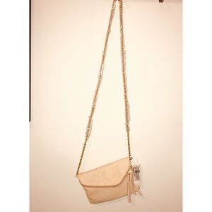Anthropologie tan crossbody w/ gold chain strap